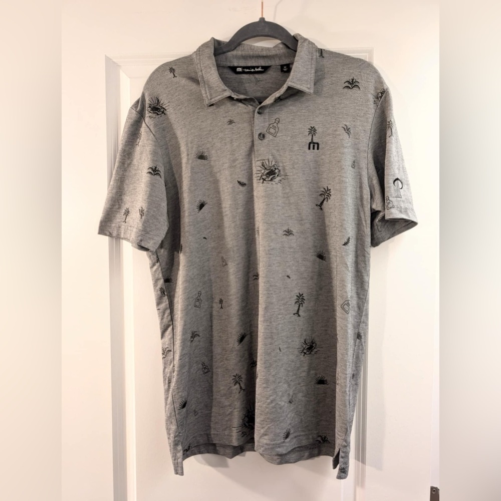 Travis Mathew Polo Shirt - Gray / Black Beach Design - Sz M - Like New Condition